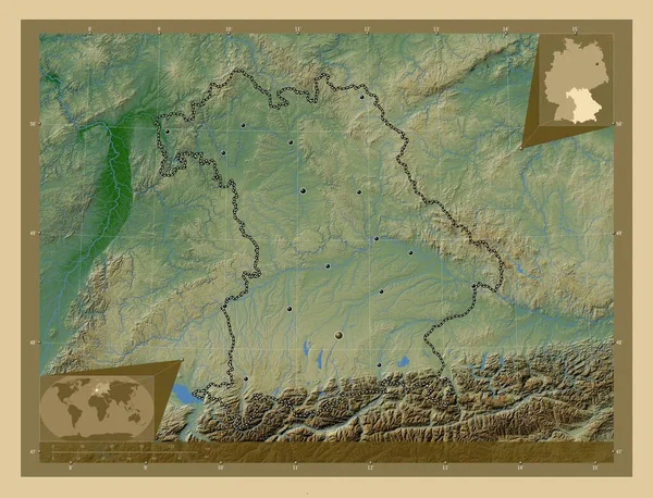 ドイツのバイエルン州 湖や川と色の標高マップ 地域の主要都市の場所 コーナー補助位置図 — ストック写真