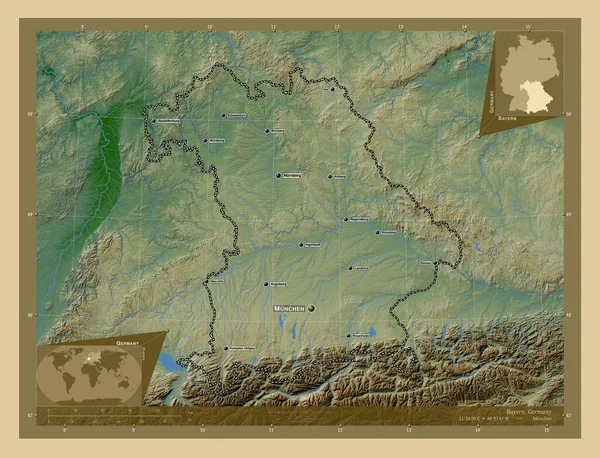 Bayern Regione Germania Mappa Elevazione Colorata Con Laghi Fiumi Località — Foto Stock