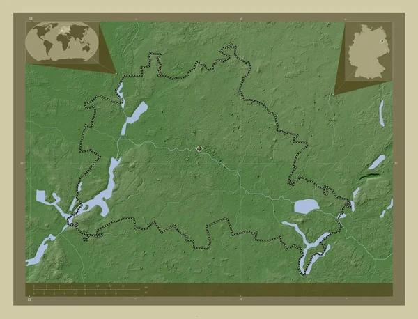 Berlin, state of Germany. Elevation map colored in wiki style with lakes and rivers. Corner auxiliary location maps