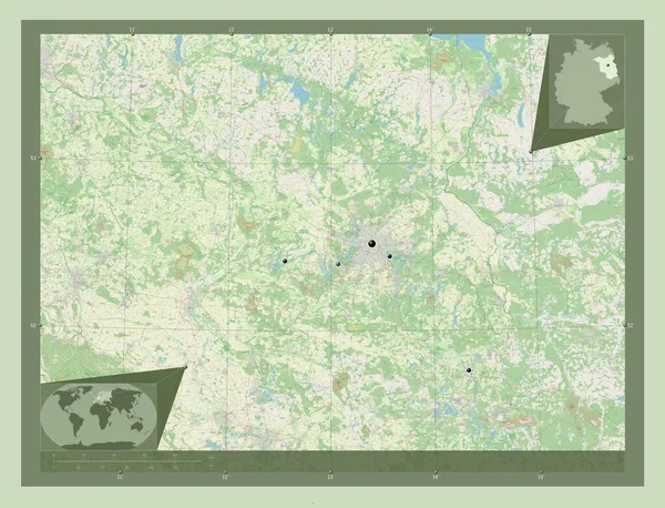 勃兰登堡 开放街道地图 该区域主要城市的所在地点 角辅助位置图 — 图库照片
