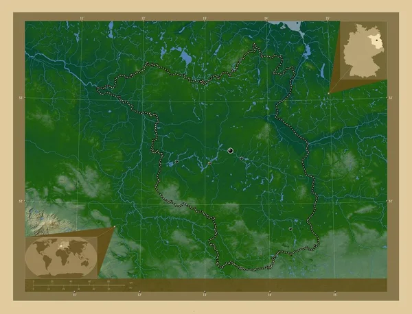 ドイツのブランデンブルク州 湖や川と色の標高マップ 地域の主要都市の場所 コーナー補助位置図 — ストック写真