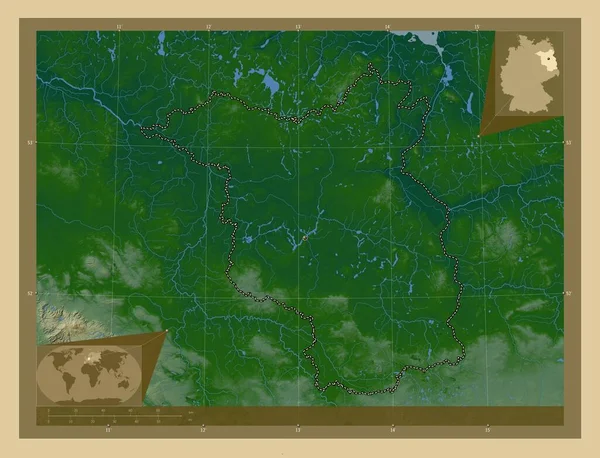 Бранденбург Штат Германия Цветная Карта Высоты Озерами Реками Вспомогательные Карты — стоковое фото