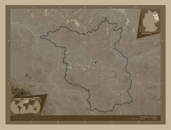 Brandenburg State Germany Elevation Map Colored Sepia Tones Lakes Rivers — Stock Photo, Image