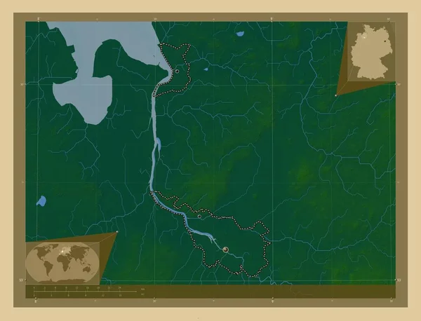 Brême État Allemagne Carte Altitude Colorée Avec Lacs Rivières Emplacements — Photo