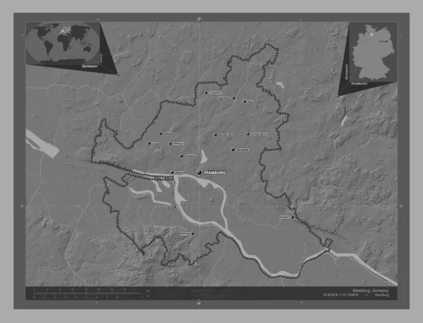 Hamburgo Estado Alemania Mapa Elevación Bilevel Con Lagos Ríos Ubicaciones —  Fotos de Stock