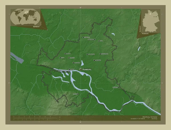 Hamburk Stát Německo Zdvihová Mapa Zbarvená Stylu Wiki Jezery Řekami — Stock fotografie