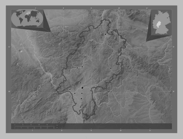 Hessen State Germany Grayscale Elevation Map Lakes Rivers Locations Major — Stock Photo, Image