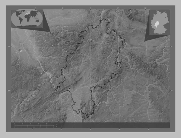 Гессен Штат Німеччина Граймасштабна Мапа Висот Озерами Річками Кутові Допоміжні — стокове фото