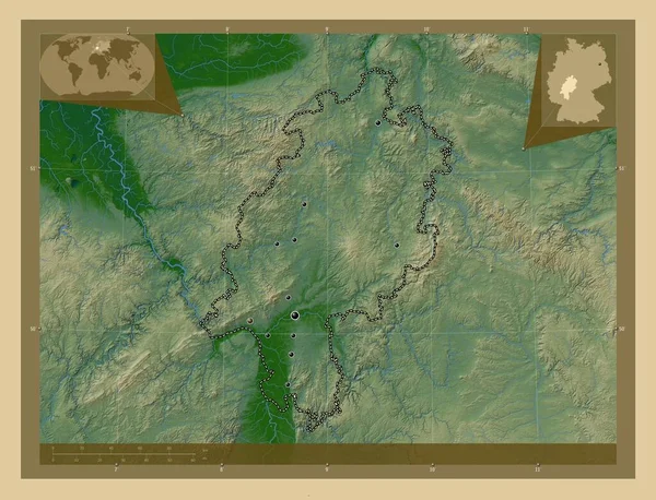 Hessen Estado Alemania Mapa Elevación Colores Con Lagos Ríos Ubicaciones — Foto de Stock