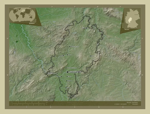Hessen Stát Německo Zdvihová Mapa Zbarvená Stylu Wiki Jezery Řekami — Stock fotografie