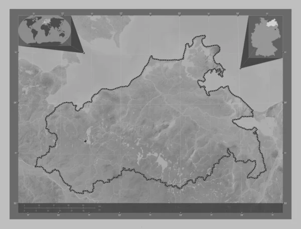 Mecklenburg Vorpommern State Germany Grayscale Elevation Map Lakes Rivers Corner — Stock Photo, Image