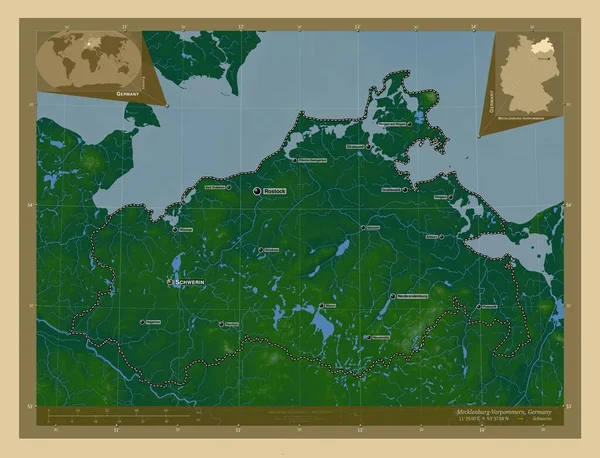 Mecklenburg Vorpommern State Germany Colored Elevation Map Lakes Rivers Locations — Stock Photo, Image