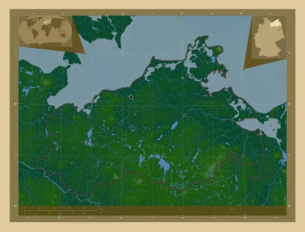 Мекленбург Передняя Померания Германия Цветная Карта Высоты Озерами Реками Места — стоковое фото