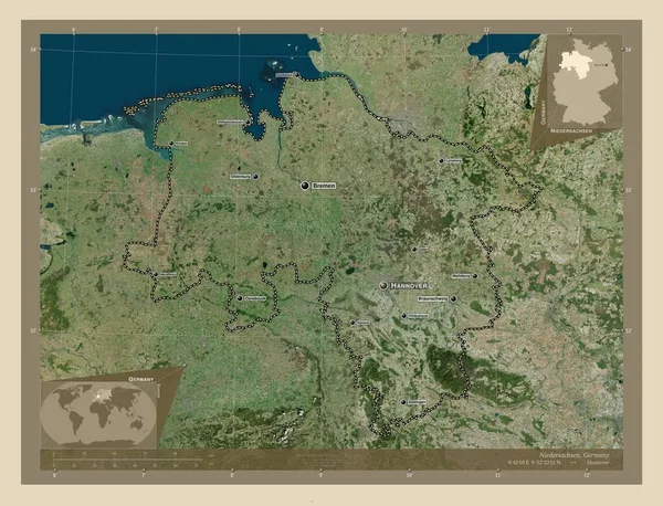 Niedersachsen Hochauflösende Satellitenkarte Orte Und Namen Der Wichtigsten Städte Der — Stockfoto