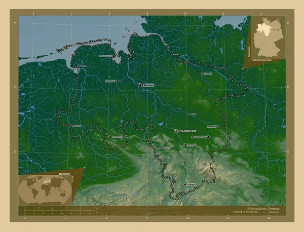 Нидерзахсен Штат Германия Цветная Карта Высоты Озерами Реками Места Названия — стоковое фото