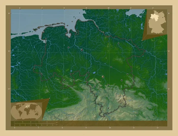 Niedersachsen Stát Německo Barevná Mapa Jezery Řekami Umístění Velkých Měst — Stock fotografie