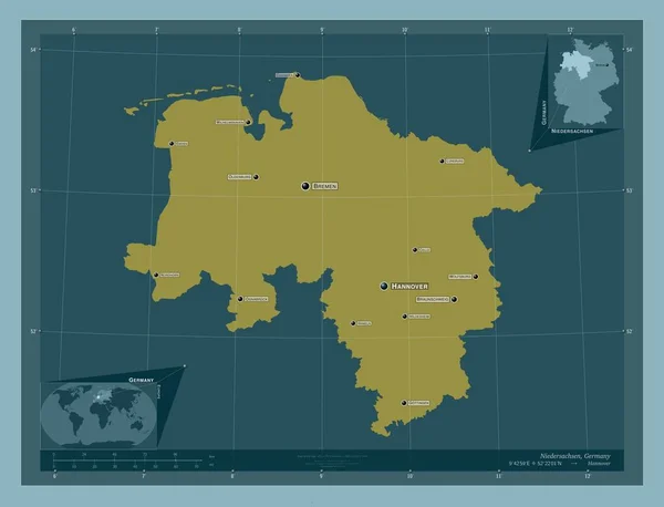 Niedersachsen 德国国家 固体的颜色形状 该区域主要城市的地点和名称 角辅助位置图 — 图库照片