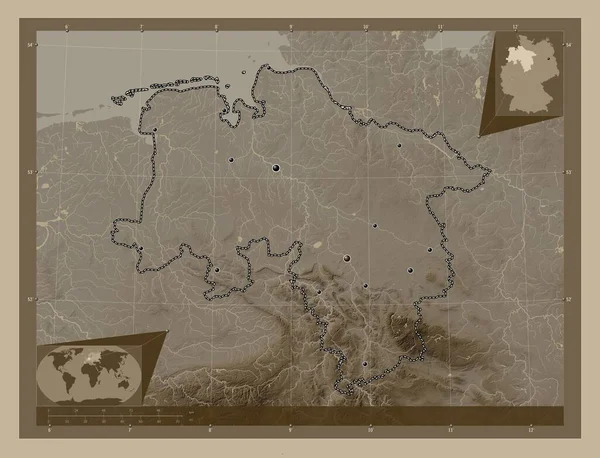 Нідерсахсен Німеччина Висота Карти Забарвлена Сепії Тонів Озерами Річками Розташування — стокове фото