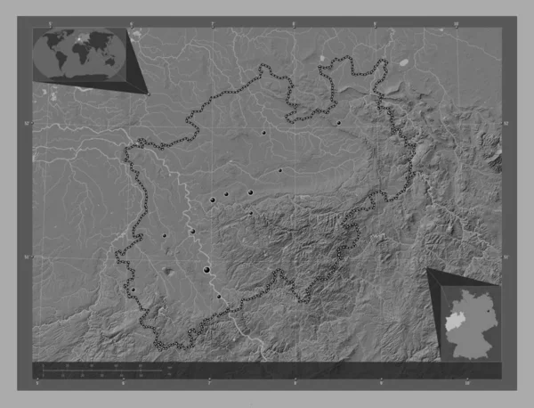 Nordrhein Westfalen Stan Niemcy Dwupoziomowa Mapa Jeziorami Rzekami Lokalizacje Dużych — Zdjęcie stockowe