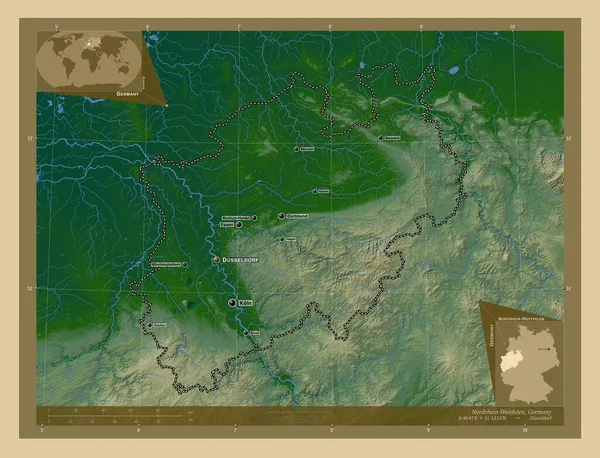 Нордрейн Вестфален Штат Германия Цветная Карта Высоты Озерами Реками Места — стоковое фото