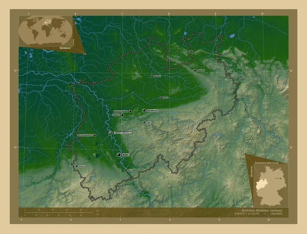 Nordrhein Westfalen Estado Alemania Mapa Elevación Colores Con Lagos Ríos —  Fotos de Stock