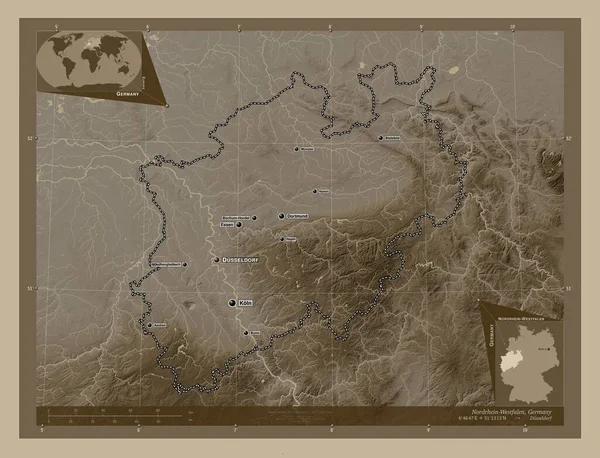 Нордрейн Вестфален Штат Германия Карта Высоты Окрашенная Сепиевые Тона Озерами — стоковое фото