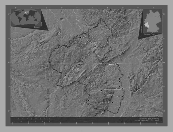 Rheinland Pfalz Deelstaat Duitsland Hoogteplattegrond Met Meren Rivieren Locaties Namen — Stockfoto