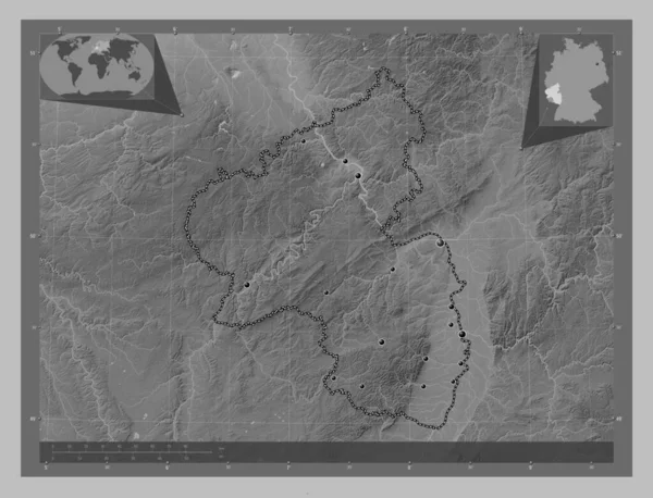 Rheinland Pfalz Land Deutschland Graustufen Höhenkarte Mit Seen Und Flüssen — Stockfoto