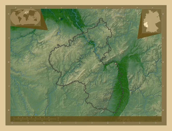 Rheinland Pfalz Stát Německo Barevná Mapa Jezery Řekami Pomocné Mapy — Stock fotografie