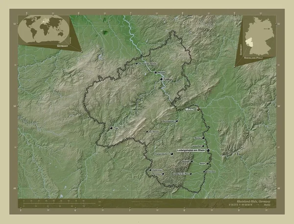 Райнланд Пфальц Штат Германия Карта Высоты Окрашенная Вики Стиле Озерами — стоковое фото