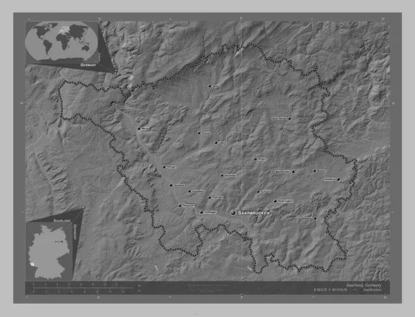 Saarland Delstaten Tyskland Grayscale Höjdkarta Med Sjöar Och Floder Platser — Stockfoto