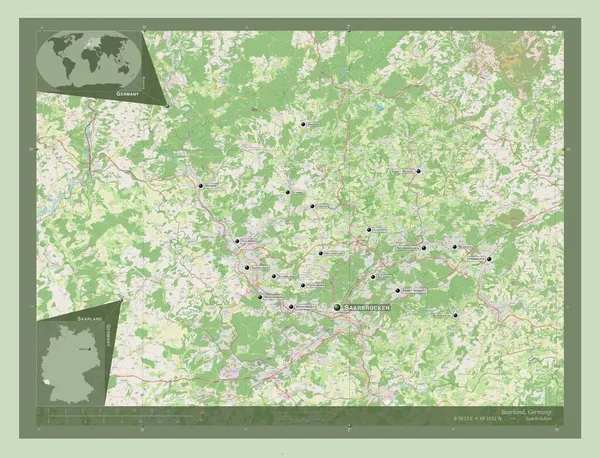 Saarland Estado Alemanha Abrir Mapa Rua Locais Nomes Das Principais — Fotografia de Stock