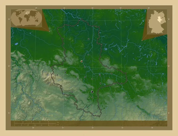Sachsen Anhalt Deelstaat Duitsland Gekleurde Hoogtekaart Met Meren Rivieren Locaties — Stockfoto