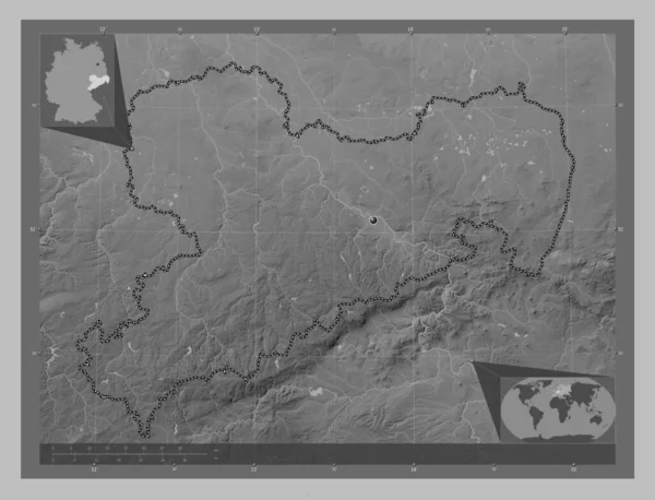 萨克森 德国国家 带有湖泊和河流的灰度高程图 角辅助位置图 — 图库照片