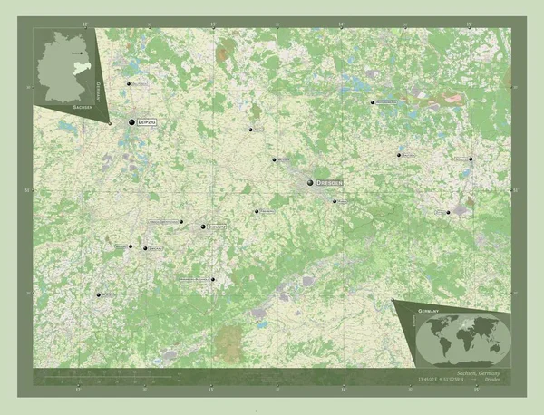 萨克森 德国国家 开放街道地图 该区域主要城市的地点和名称 角辅助位置图 — 图库照片