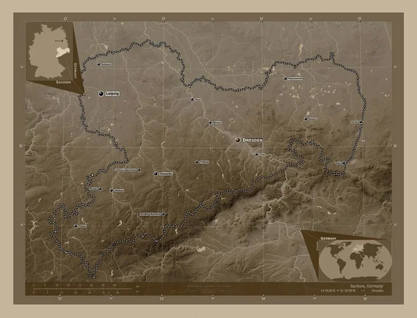 Sachsen Staat Duitsland Hoogtekaart Gekleurd Sepia Tinten Met Meren Rivieren — Stockfoto