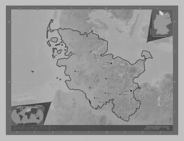 Schleswig Holstein State Germany Grayscale Elevation Map Lakes Rivers Locations — Stock Photo, Image