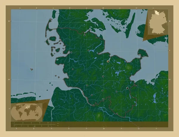 Schleswig Holstein Estado Alemania Mapa Elevación Colores Con Lagos Ríos — Foto de Stock