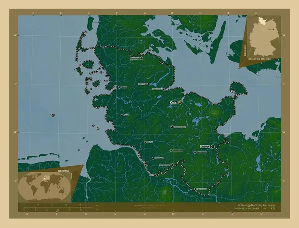 Schleswig Holstein Estado Alemania Mapa Elevación Colores Con Lagos Ríos — Foto de Stock