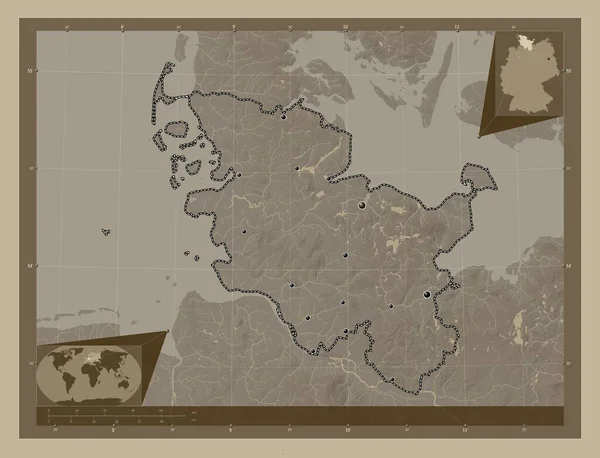 Šlesvicko Holštýnsko Stát Německo Zdvihová Mapa Zbarvená Sépiovými Tóny Jezery — Stock fotografie