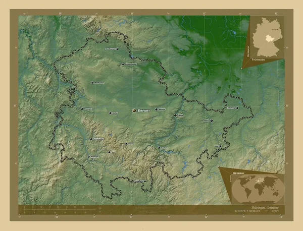 Thuringen Estado Alemania Mapa Elevación Colores Con Lagos Ríos Ubicaciones — Foto de Stock