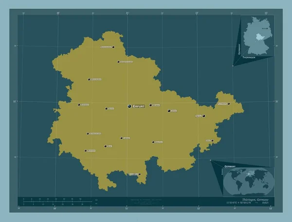 ドイツのテューリンゲン州 しっかりした色の形 地域の主要都市の位置と名前 コーナー補助位置図 — ストック写真