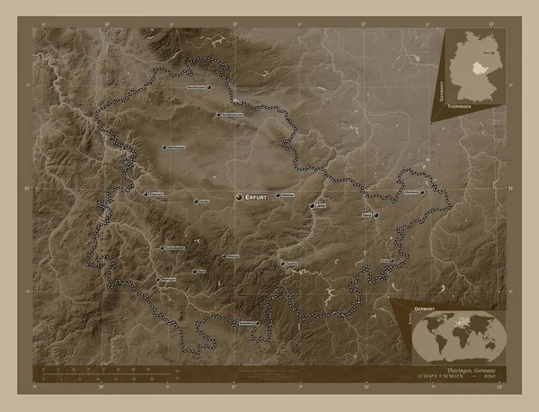 Thuringen Estado Alemania Mapa Elevación Coloreado Tonos Sepia Con Lagos —  Fotos de Stock