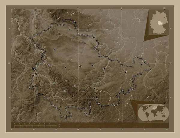 Тюринген Штат Германия Карта Высоты Окрашенная Сепиевые Тона Озерами Реками — стоковое фото