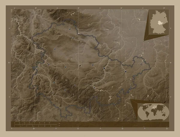 Thuringen Stát Německo Zdvihová Mapa Zbarvená Sépiovými Tóny Jezery Řekami — Stock fotografie