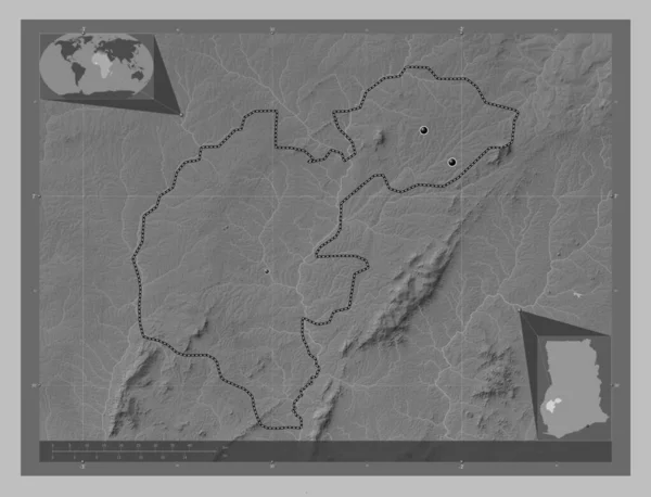 Ahafo Region Ghany Mapa Wzniesień Skali Szarości Jeziorami Rzekami Lokalizacje — Zdjęcie stockowe