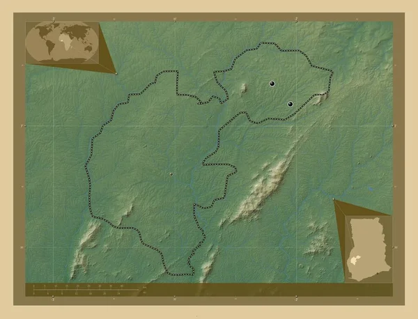Ahafo Περιφέρεια Γκάνα Χρωματιστός Υψομετρικός Χάρτης Λίμνες Και Ποτάμια Τοποθεσίες — Φωτογραφία Αρχείου