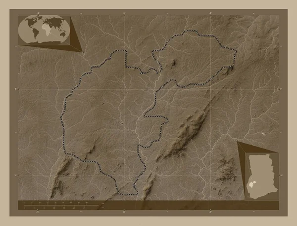 Ahafo Region Ghana Elevation Map Colored Sepia Tones Lakes Rivers — Stock Photo, Image