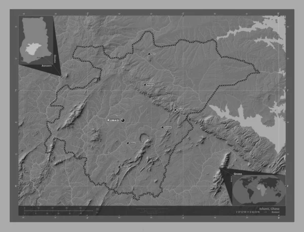 Ashanti Région Ghana Carte Altitude Bilevel Avec Lacs Rivières Emplacements — Photo