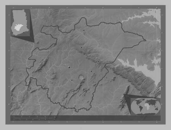 Ashanti Region Ghana Grayscale Elevation Map Lakes Rivers Locations Major — Stock Photo, Image